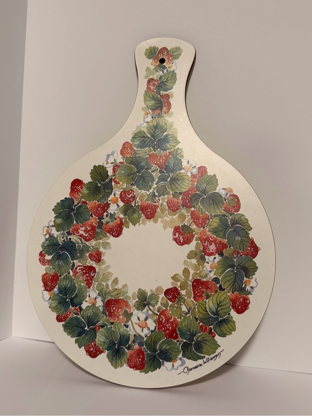 Vintage Charmaine Williamson Red and Green Strawberries Vines Cutting Board 14"